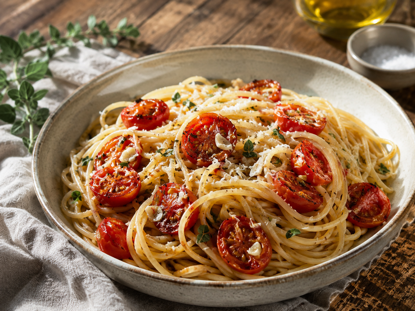 Marjoram and Roasted Tomato Pasta prepared with garden-fresh marjoram