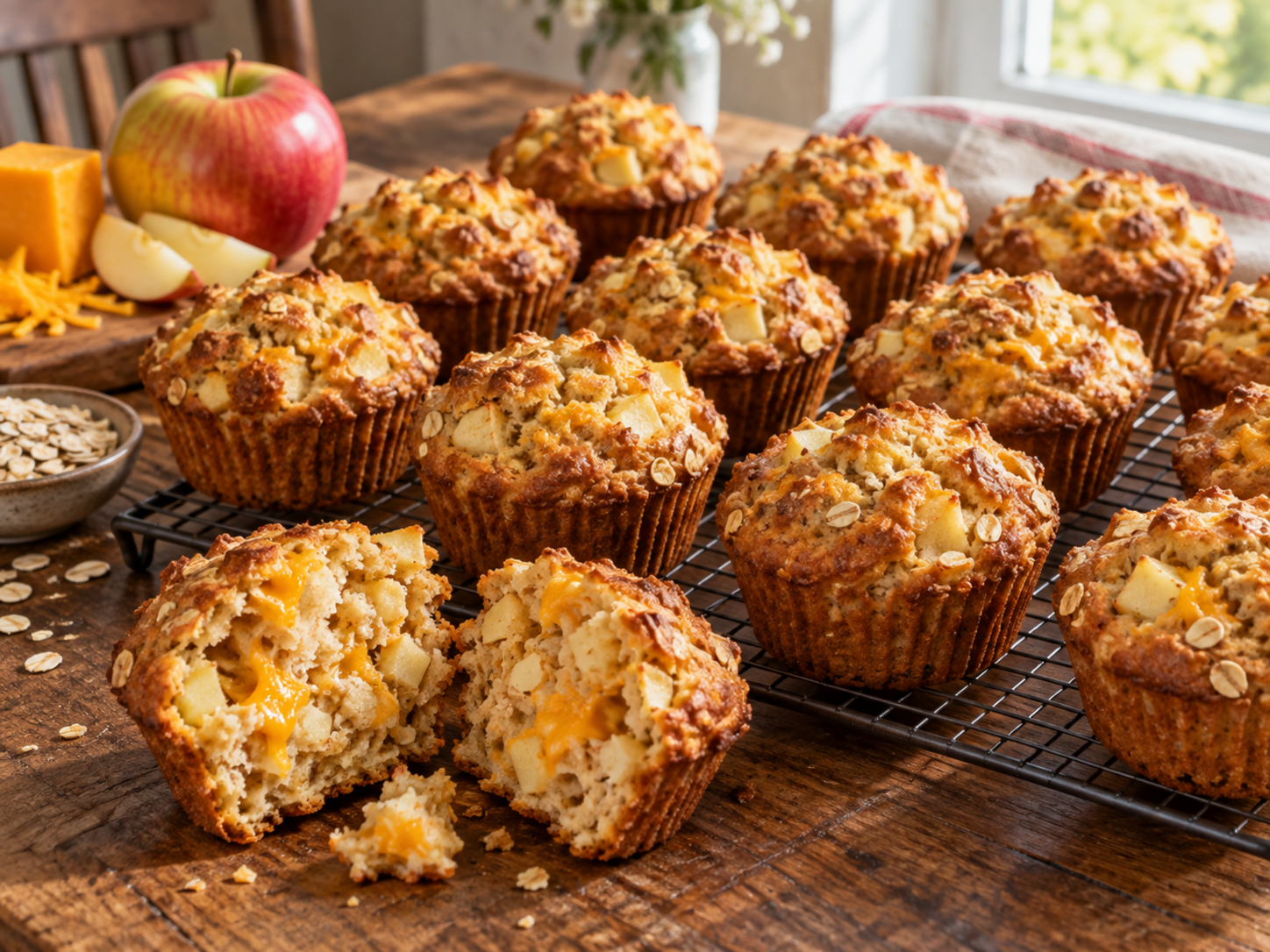 Golden apple cheddar breakfast muffins with visible diced apple and melted sharp cheddar