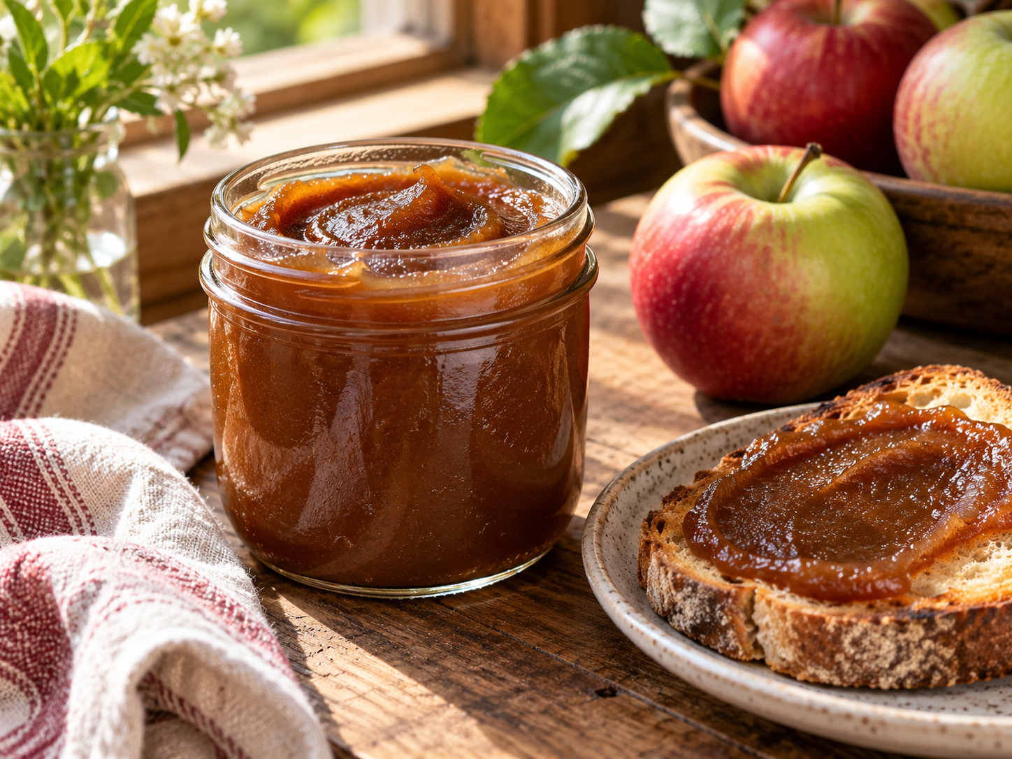 Thick spiced slow-cooker apple butter in a glass jar with fresh Georgia apples nearby