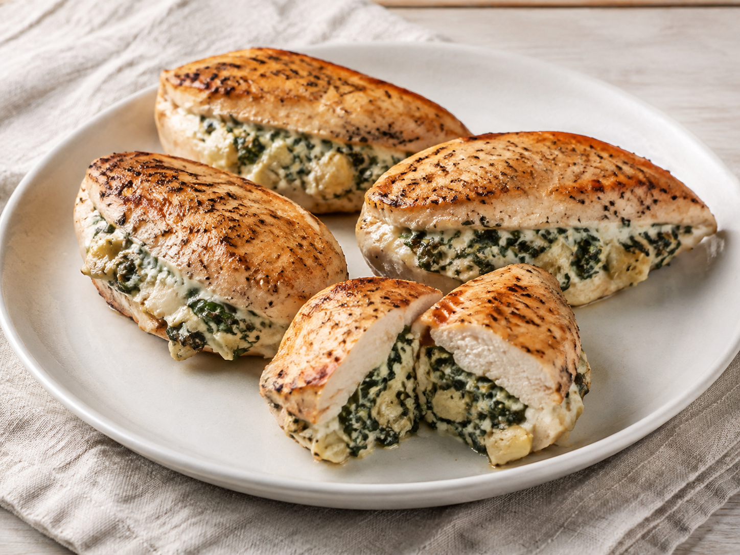 Sliced chicken breasts stuffed with spinach and artichokes