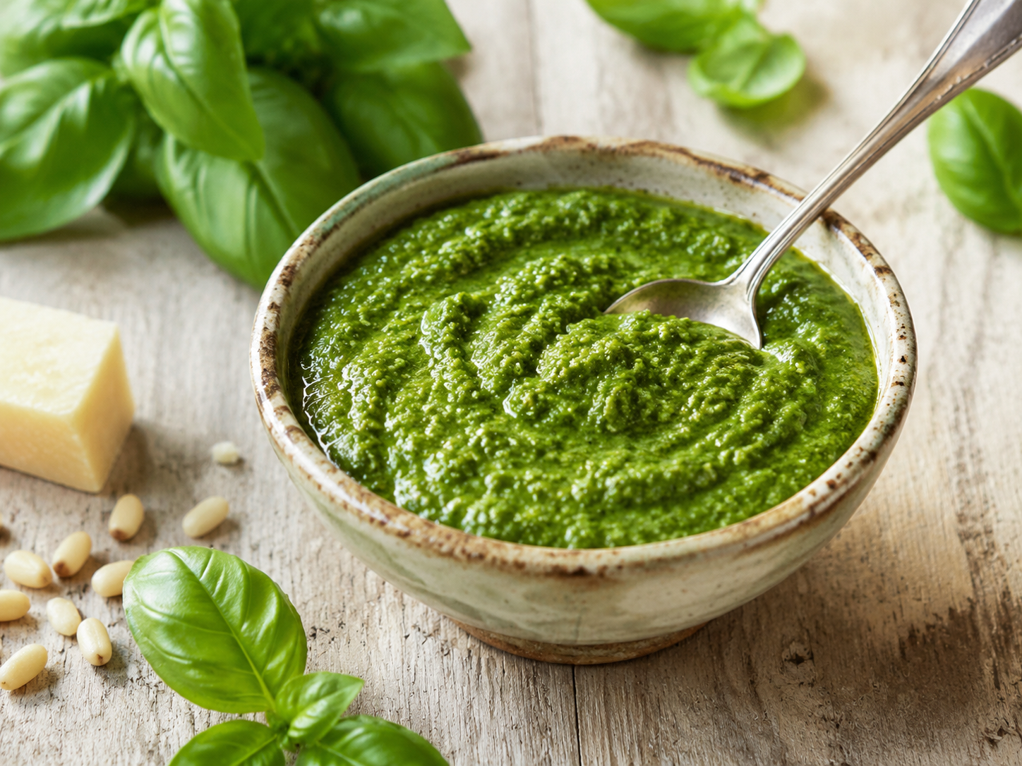 Classic Basil Pesto prepared with garden-fresh basil