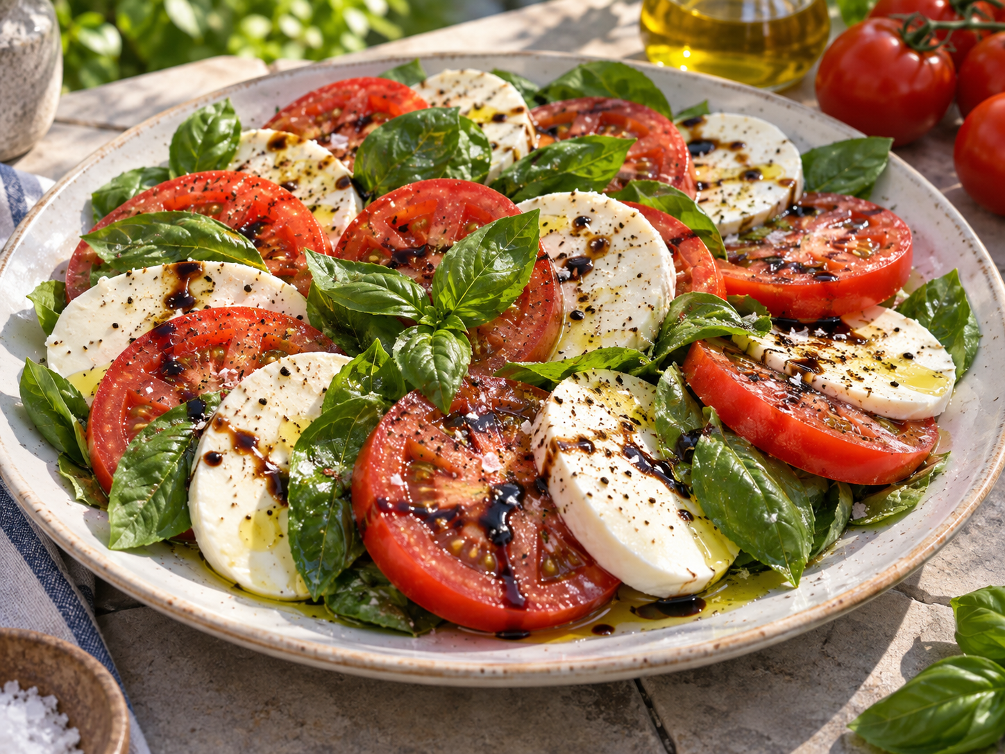 Caprese salad with ripe tomato slices, fresh mozzarella and abundant garden basil leaves
