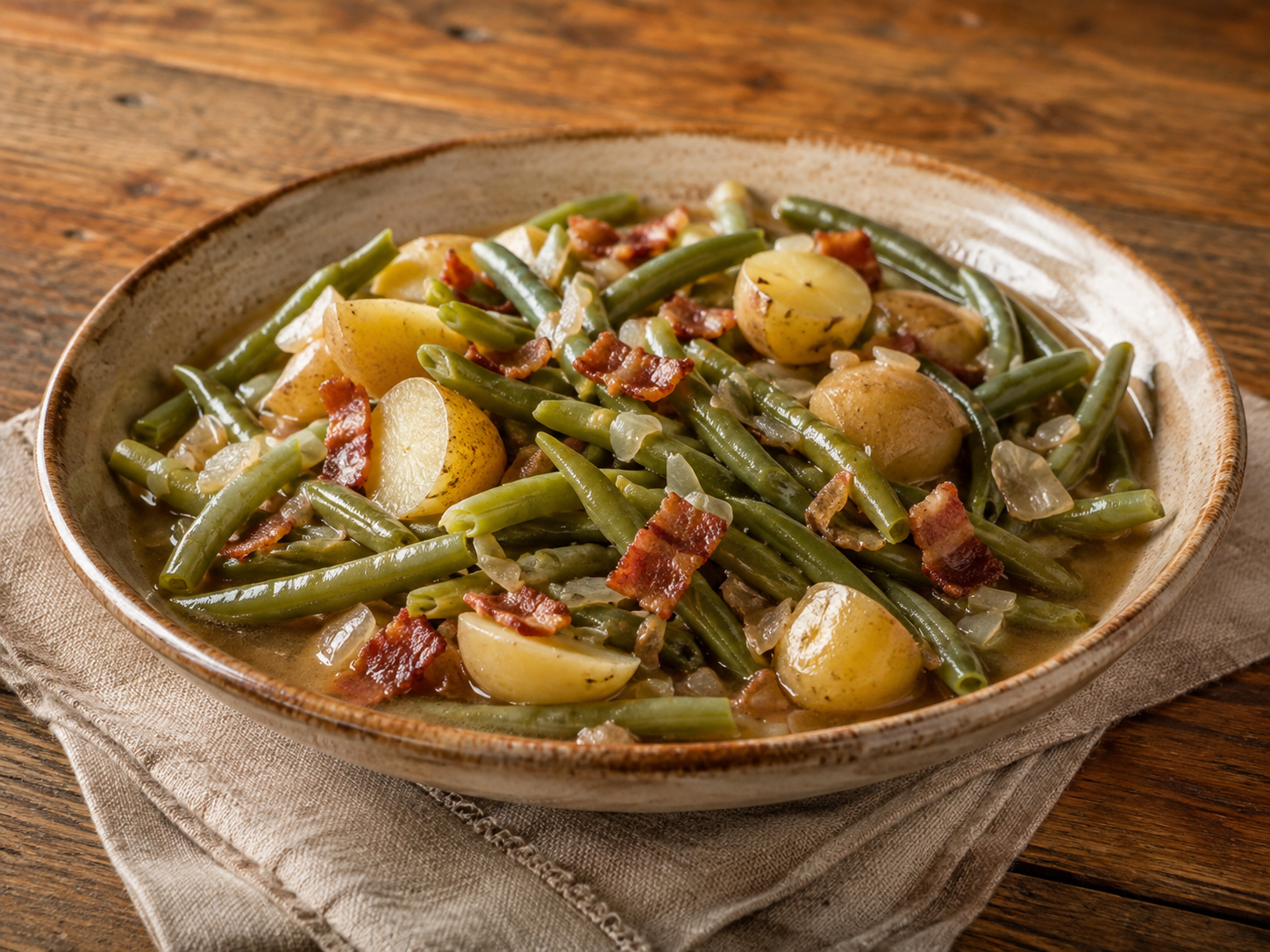 Southern green beans with halved new potatoes, bacon and onion in a rustic serving bowl