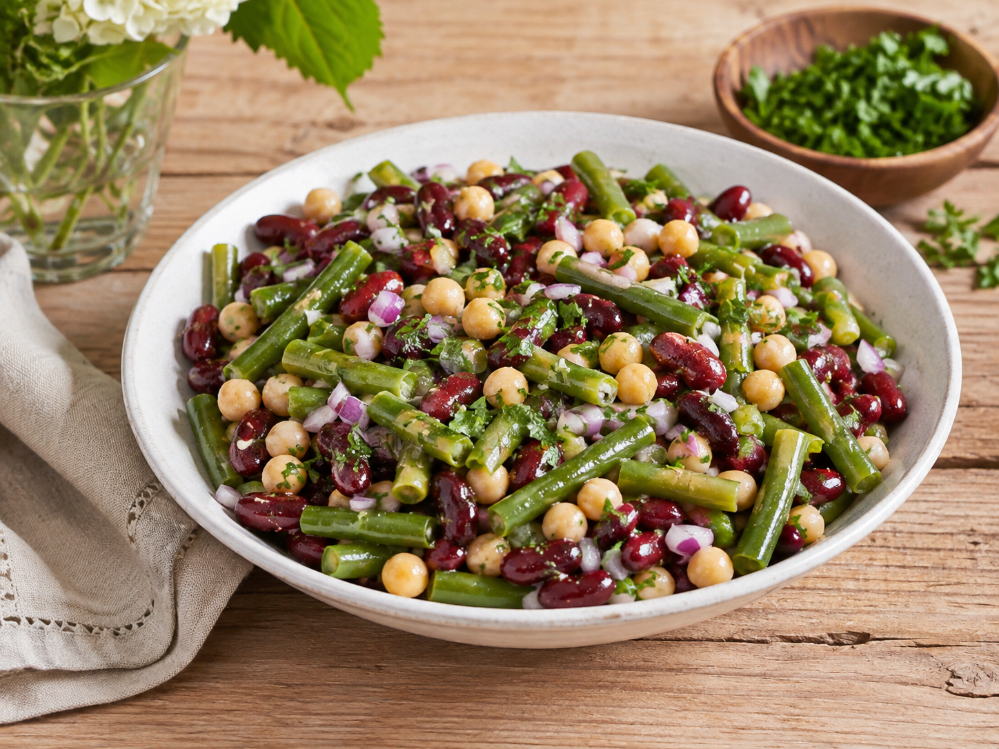 Colorful three bean salad with red onion and fresh herbs