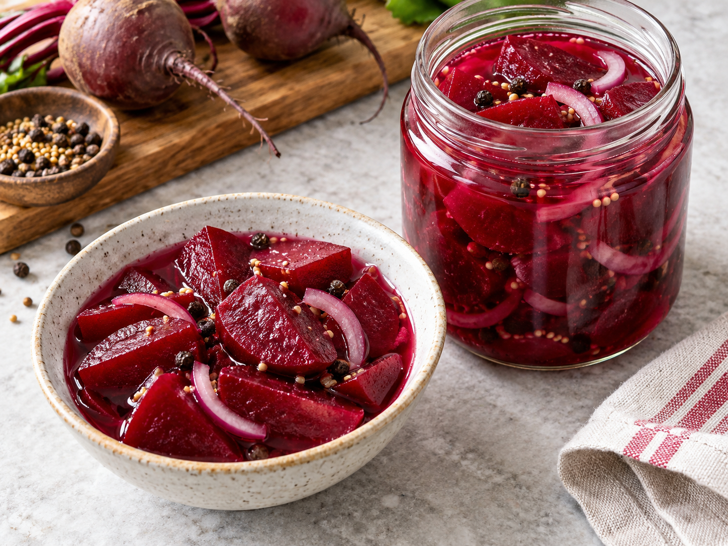 Ruby-red refrigerator-pickled beet wedges with red onion, peppercorns and mustard seeds