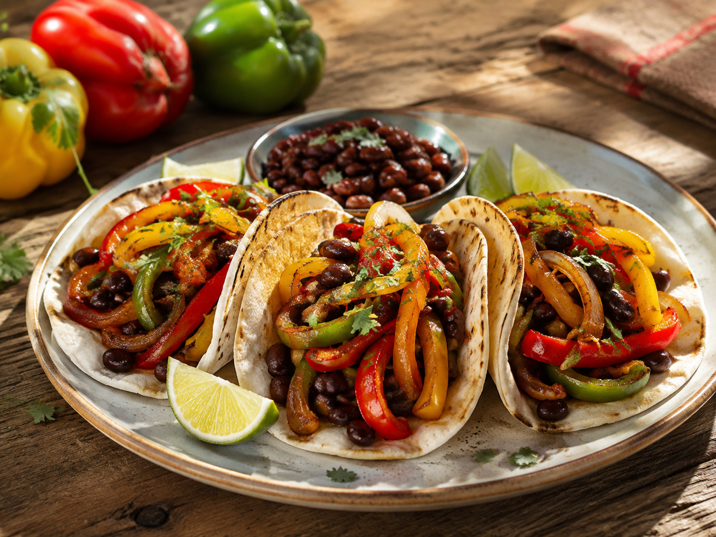 Colorful bell pepper and onion fajitas in warm tortillas with black beans, lime and cilantro