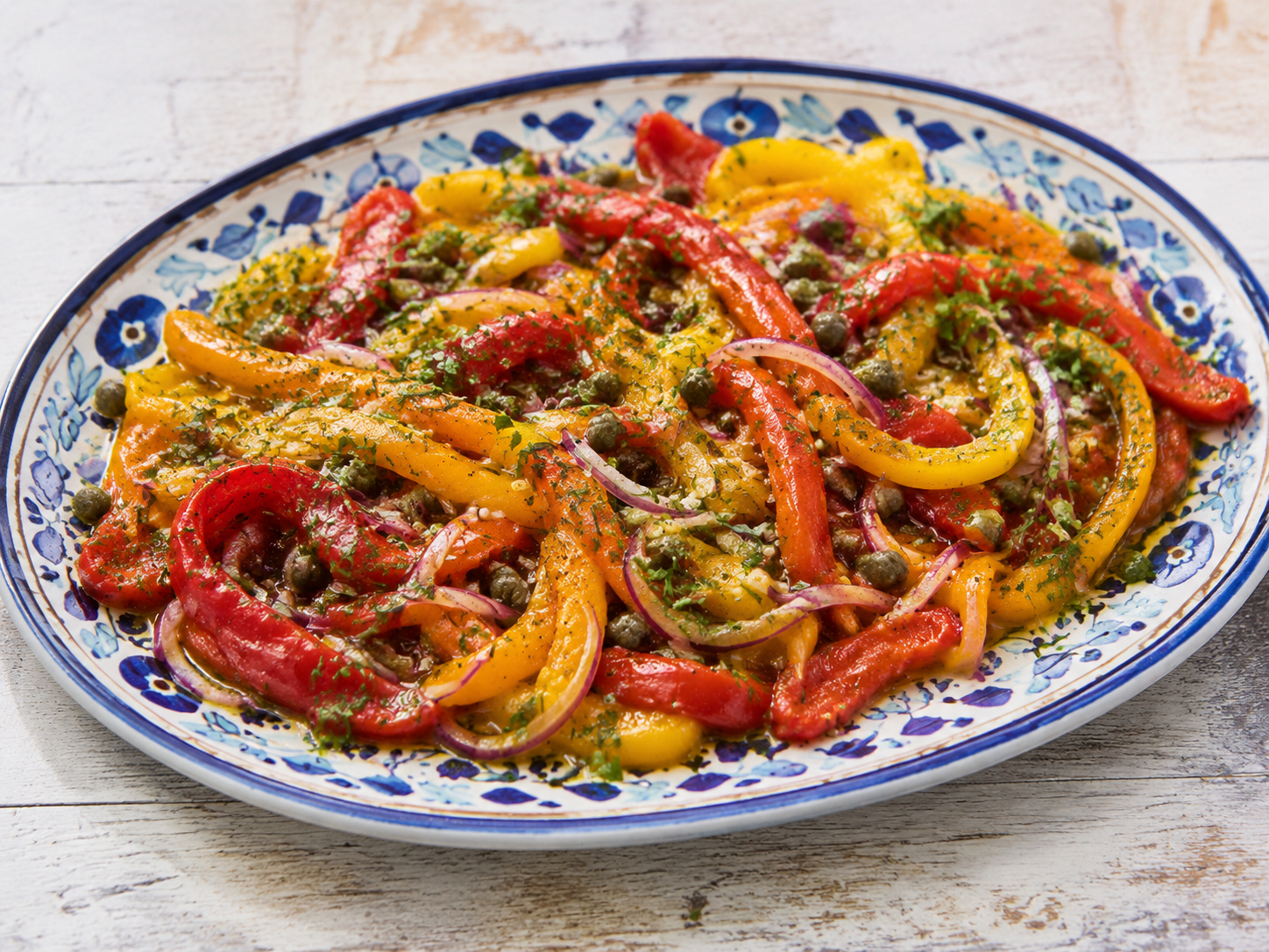 Marinated roasted red, yellow and orange bell pepper salad with red onion, capers and parsley
