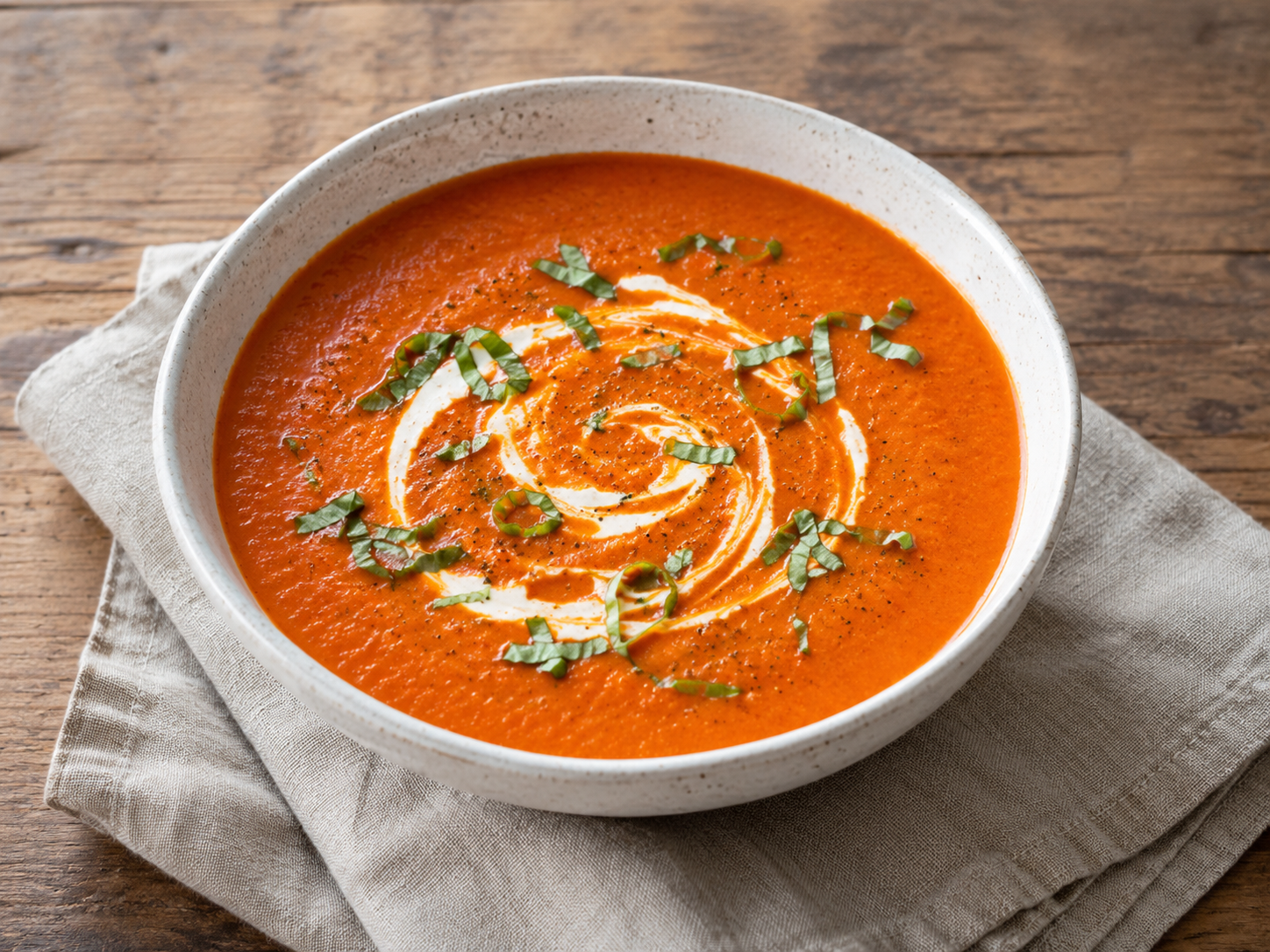 Creamy roasted red bell pepper and tomato soup with a light cream swirl and fresh basil