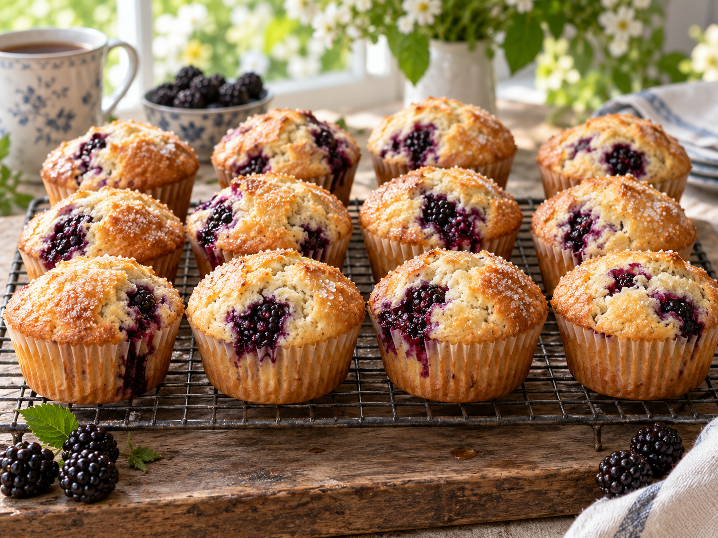 Golden blackberry buttermilk muffins with purple berry pockets and sparkling sugar tops