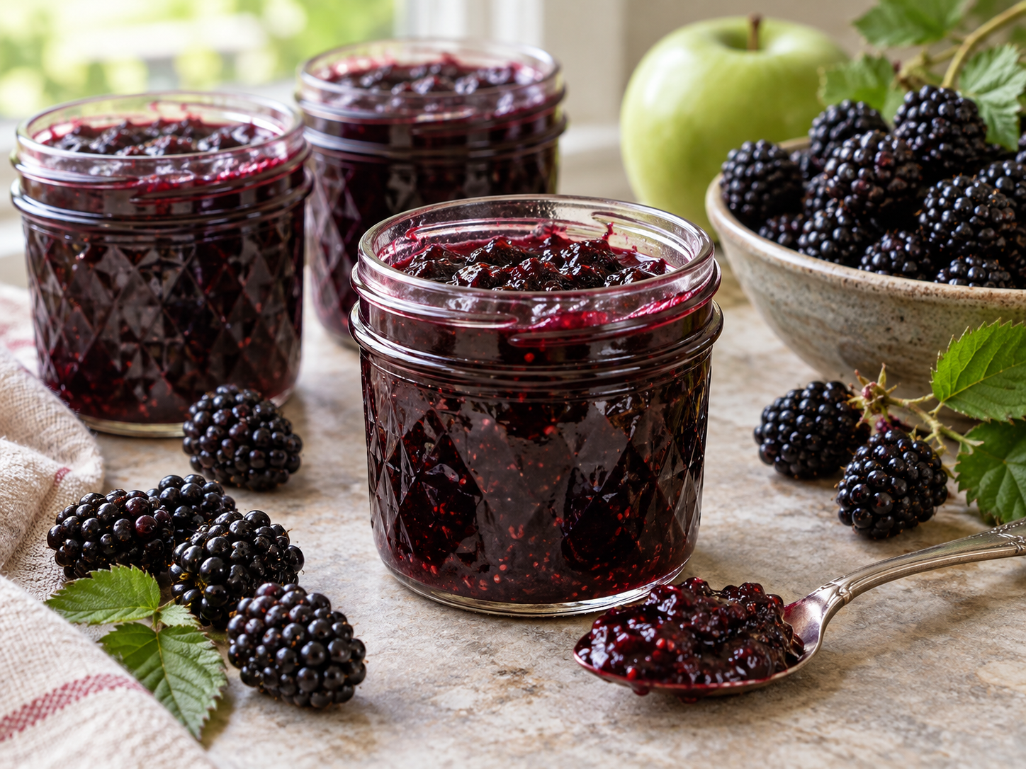 Deep purple small-batch blackberry jam with berry texture in open glass jars beside fresh blackberries