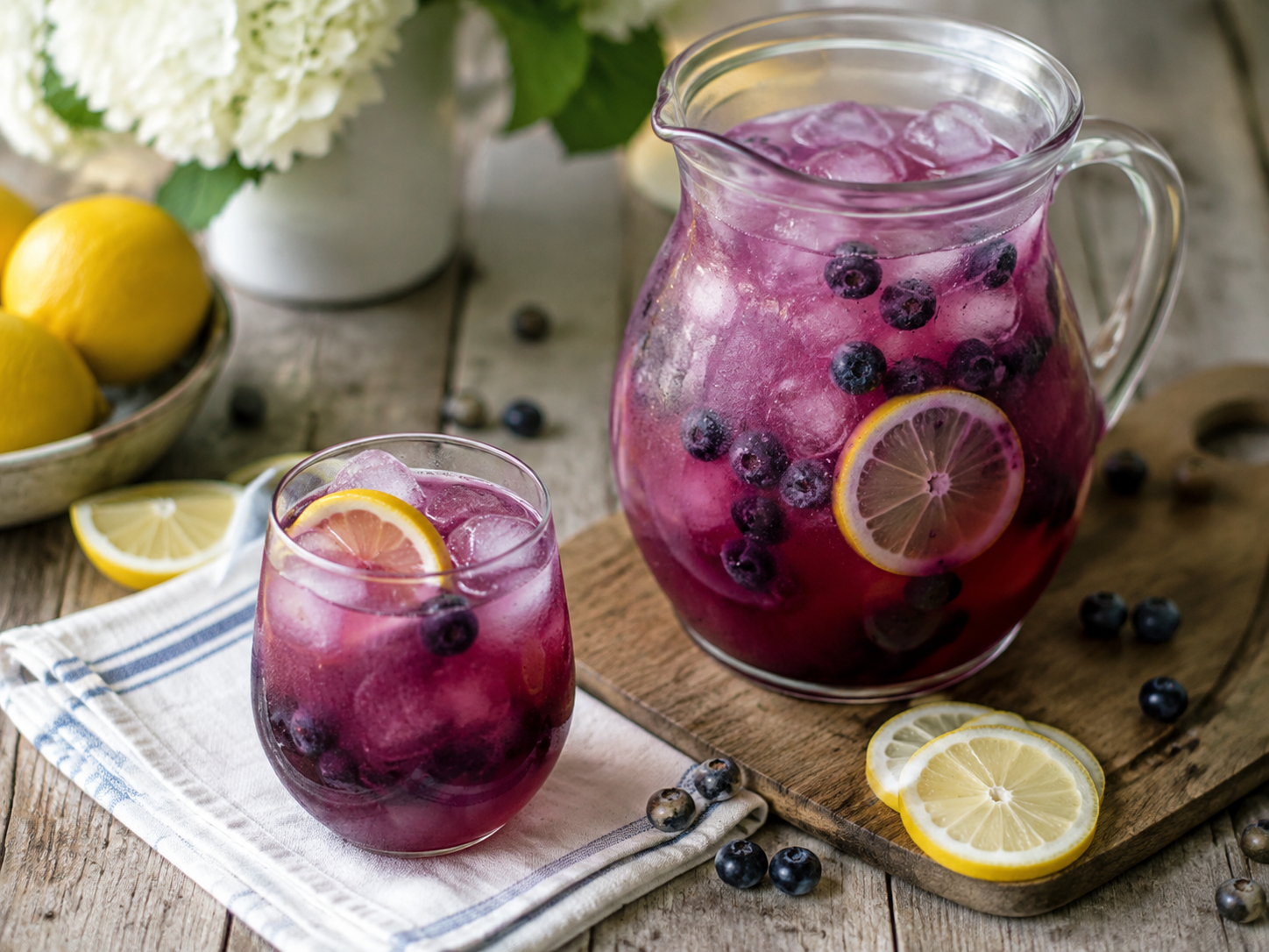 Pitcher and glass of blueberry lemonade with fresh blueberries and lemon