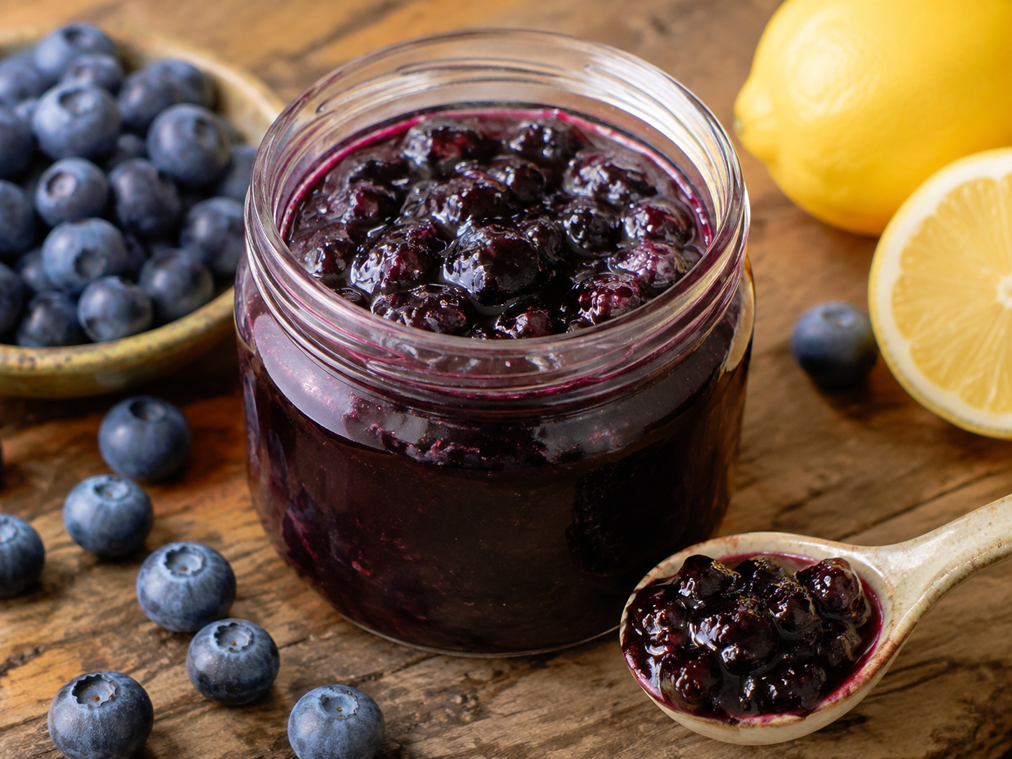 Deep purple small-batch blueberry jam with whole berry texture in an open jar