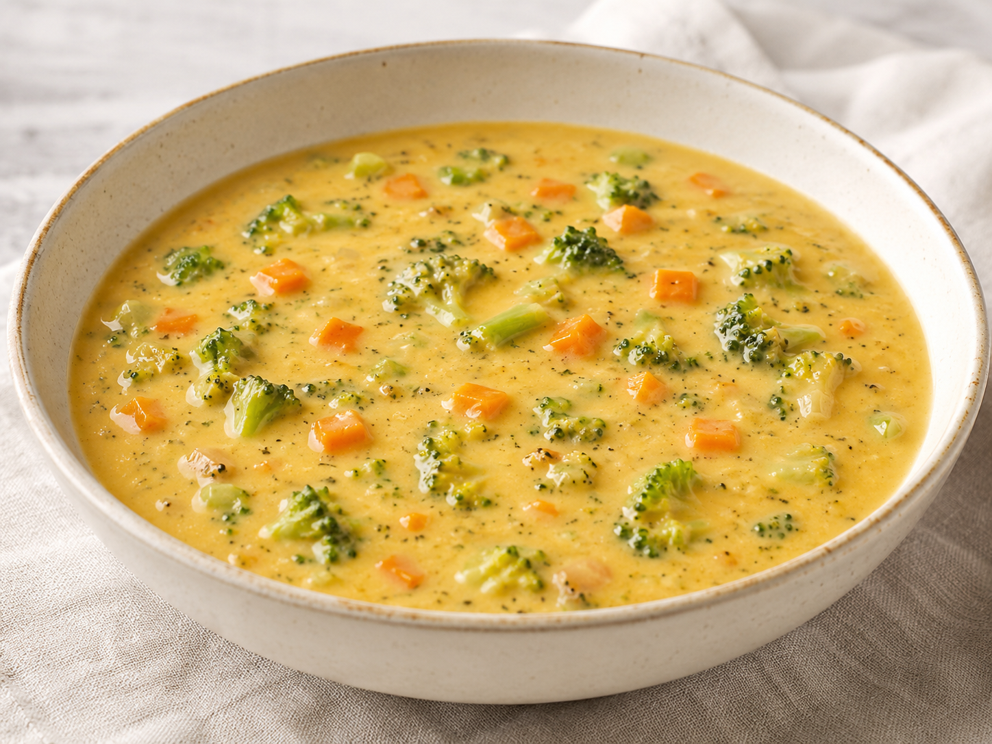 Creamy broccoli and cheddar soup with diced carrots