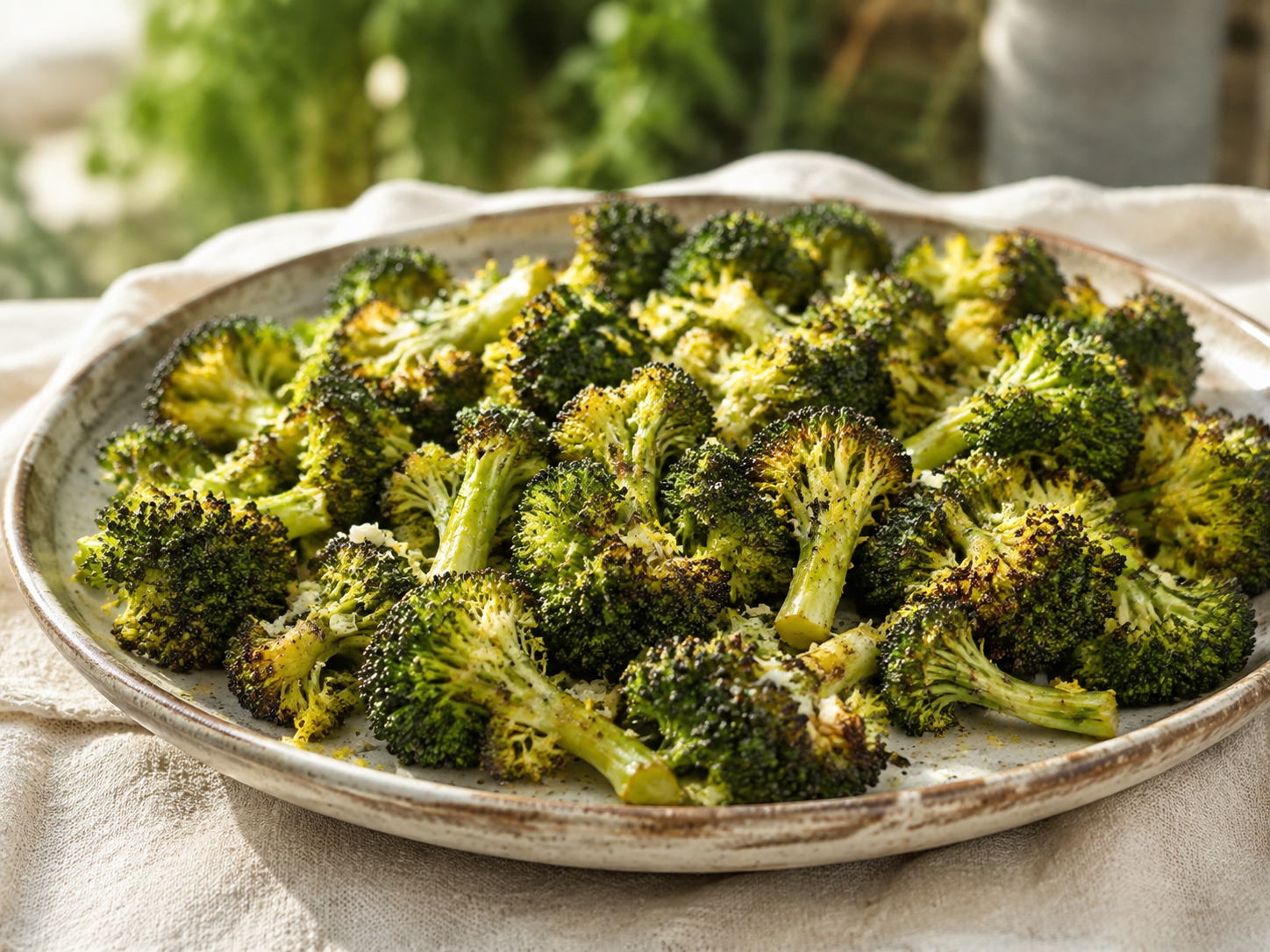 Garlic roasted broccoli with browned edges, lemon zest and Parmesan