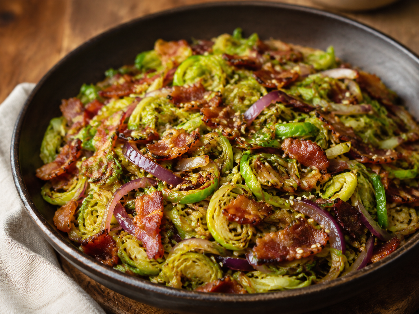 Brussels Sprouts and Bacon Stir-Fry prepared with garden-fresh brussels sprouts