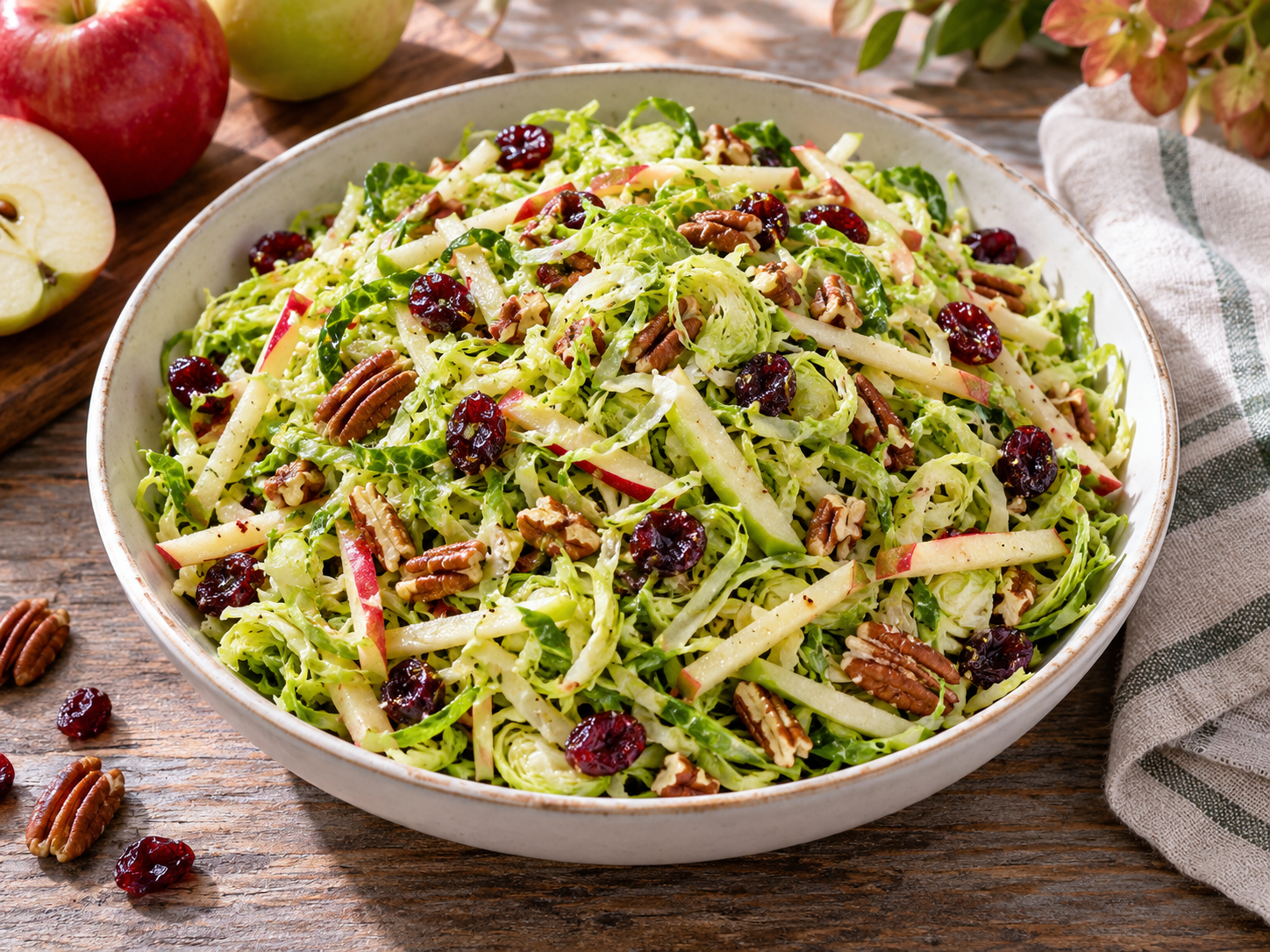 Shaved Brussels sprout salad with apple matchsticks, pecans and dried cranberries