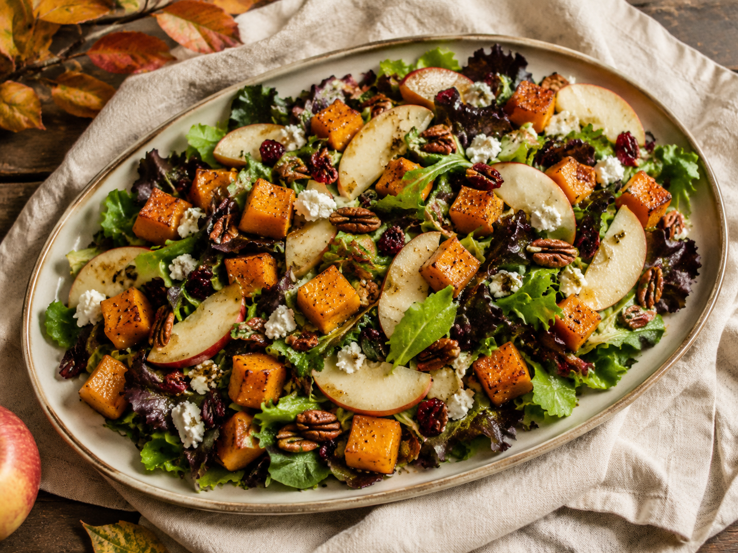 Butternut squash and apple harvest salad with greens, pecans, cranberries and goat cheese