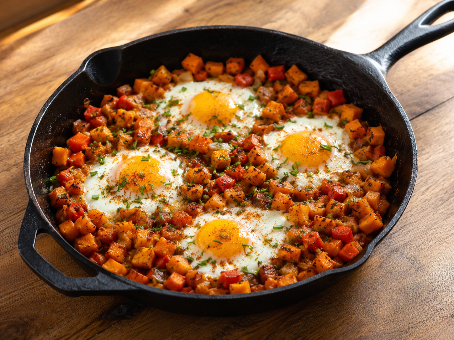 Butternut squash breakfast hash with red bell pepper, onion, four baked eggs and fresh chives