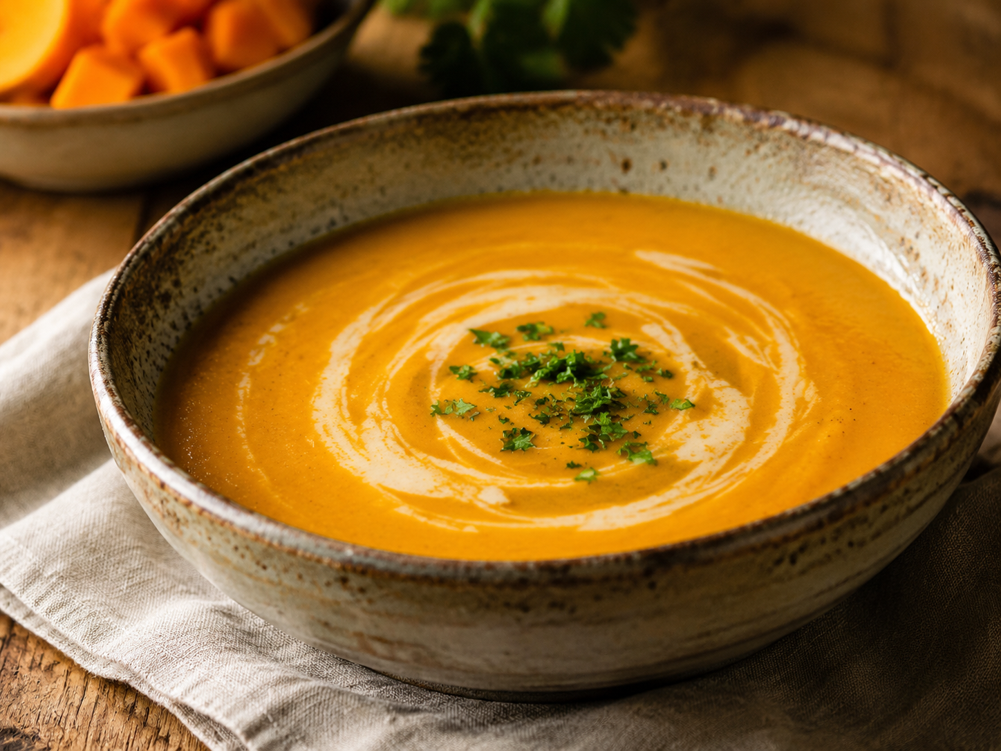 Roasted Butternut Squash Soup prepared with garden-fresh butternut squash