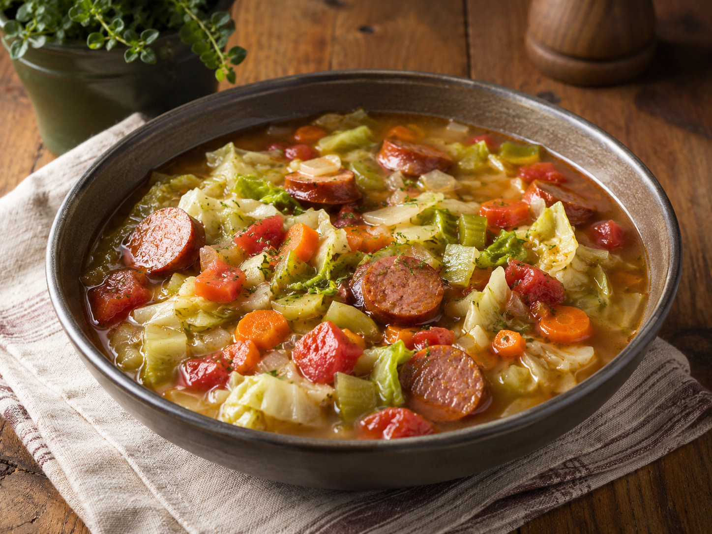 Hearty cabbage and smoked sausage soup with tomatoes, carrots and celery in a rustic bowl