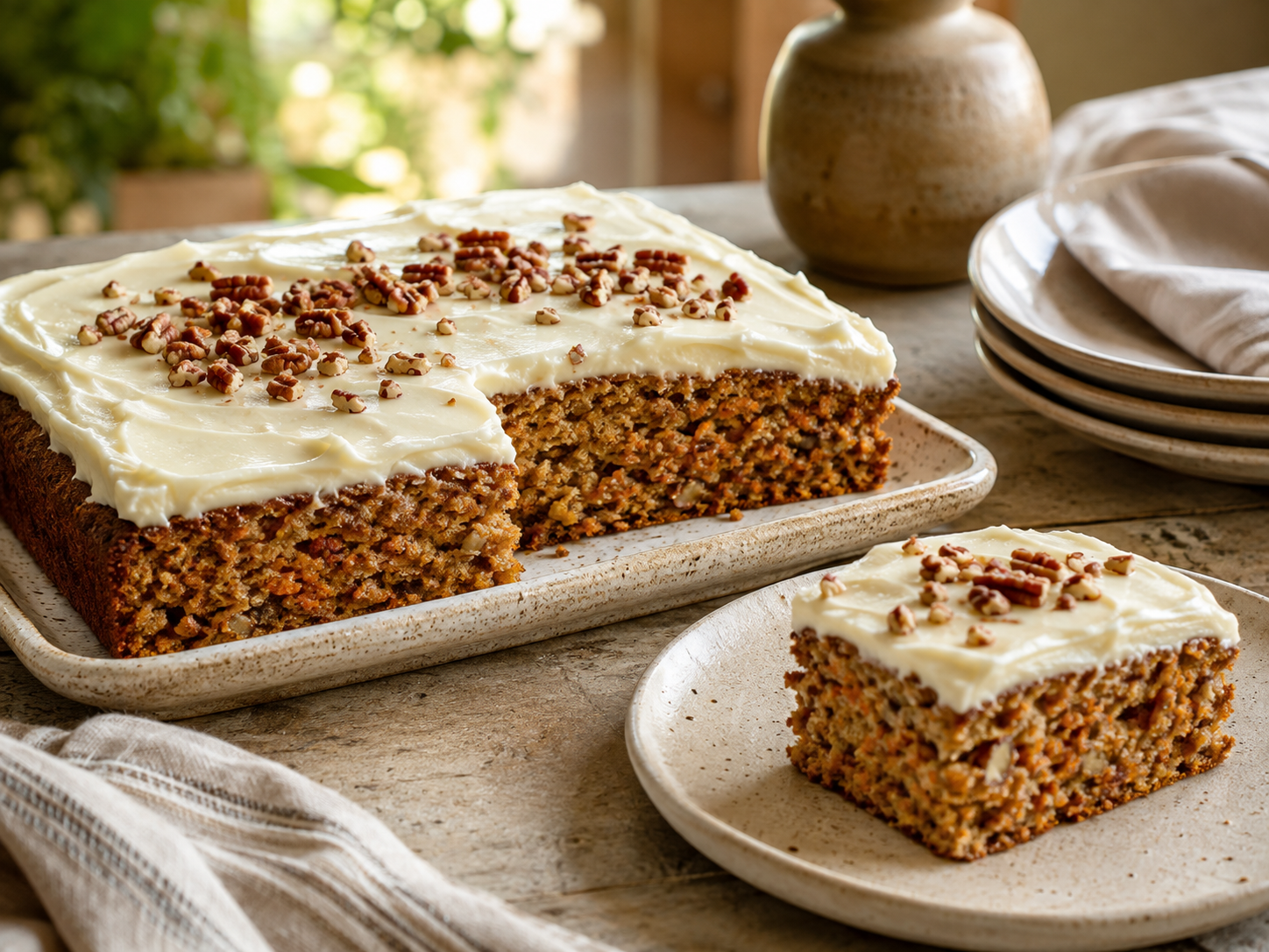 Slice of moist carrot cake with pecans, visible grated carrot and cream cheese frosting