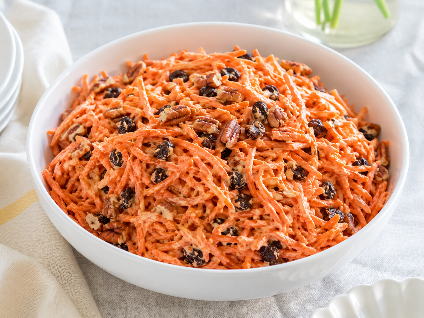Southern shredded carrot raisin salad with toasted pecans in a white serving bowl