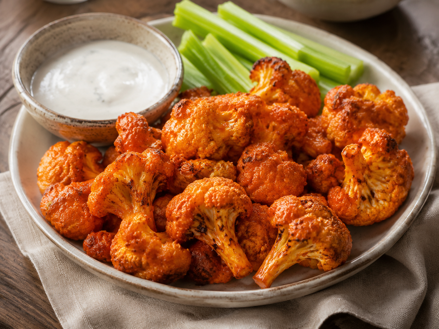 Cauliflower Buffalo Wings prepared with garden-fresh cauliflower
