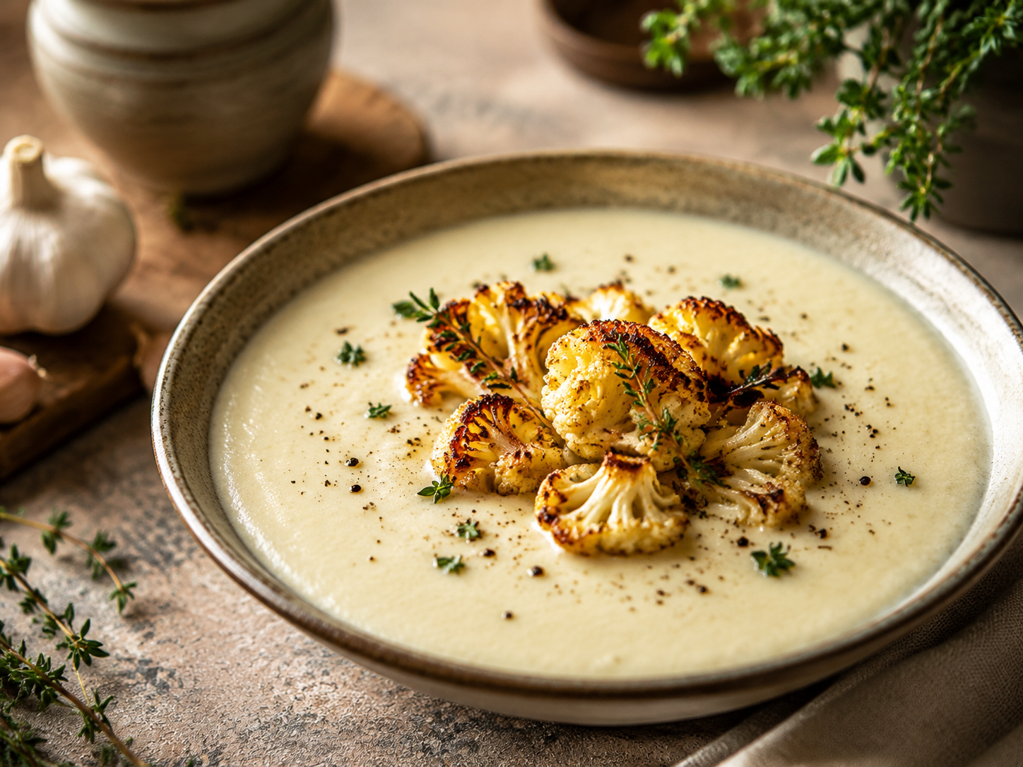 Creamy roasted cauliflower soup topped with browned cauliflower florets, thyme and black pepper