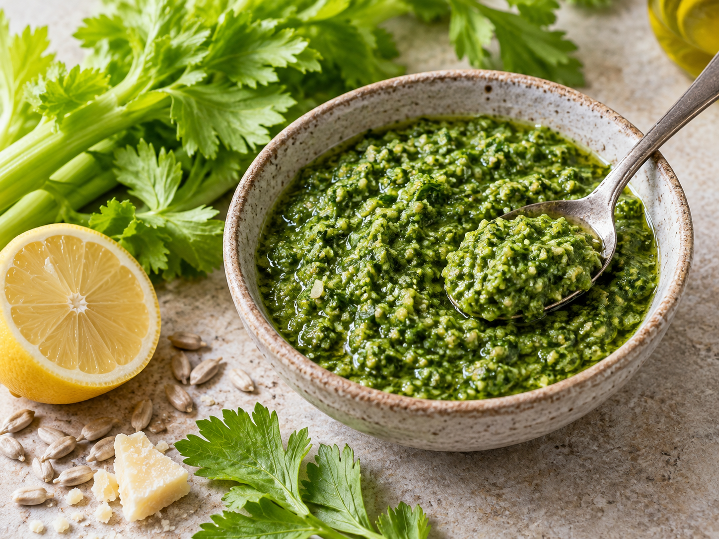 Textured green celery leaf pesto with sunflower seeds, Parmesan and lemon