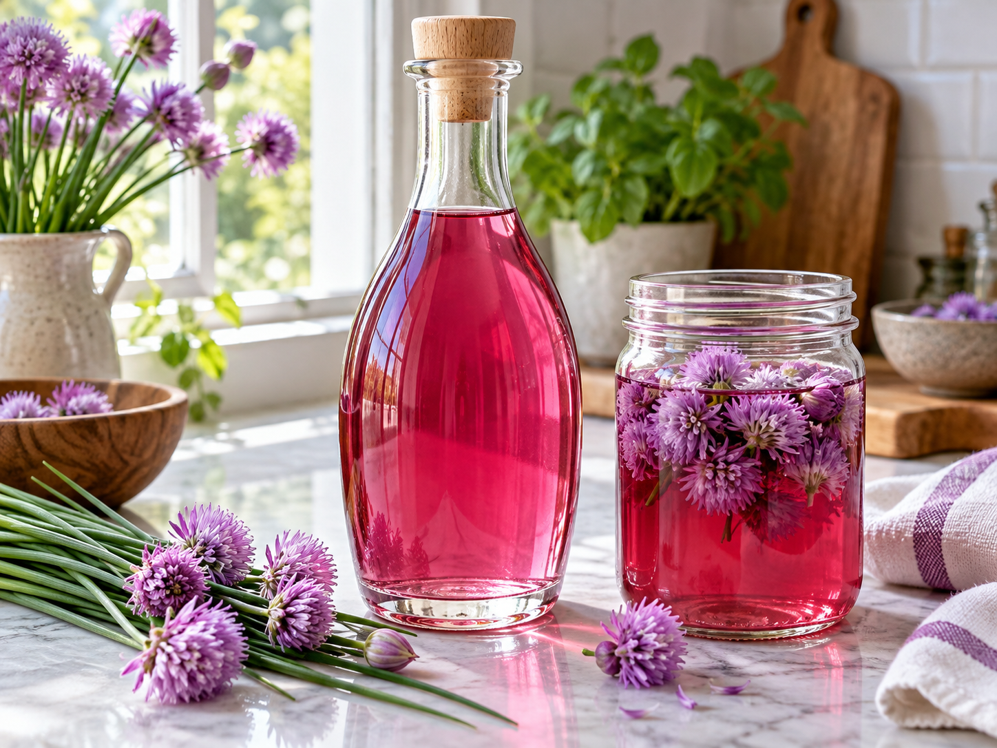 Pink chive blossom vinegar infusion in clear glass bottles with purple blossoms