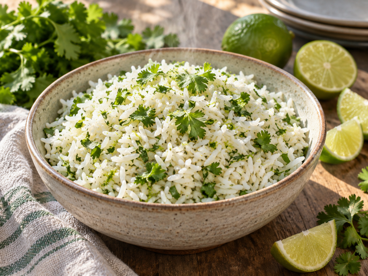 Warm fluffy cilantro lime rice with abundant chopped cilantro and fresh lime wedges