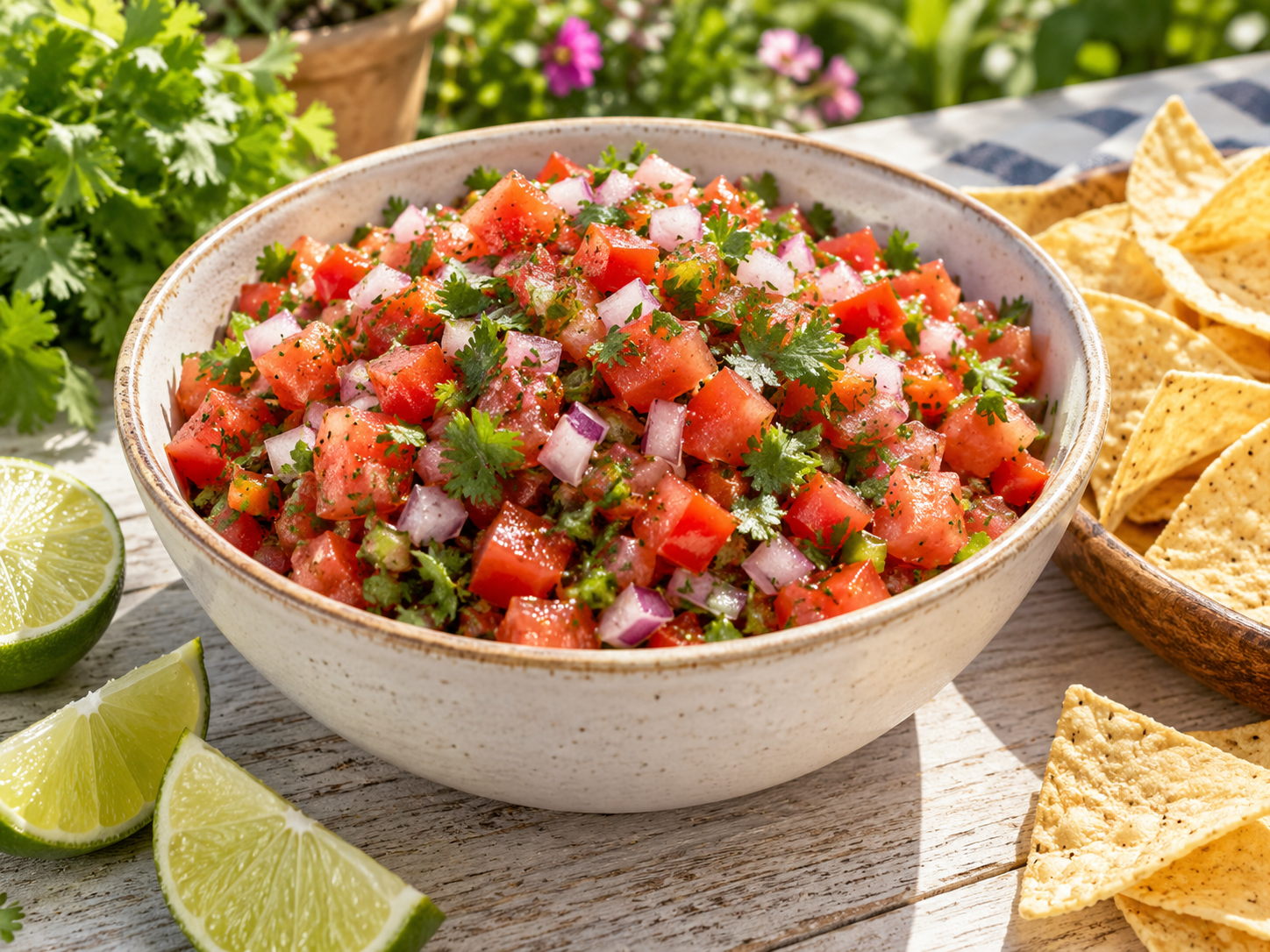 Fresh tomato pico de gallo with cilantro, jalapeno, red onion and lime in a serving bowl