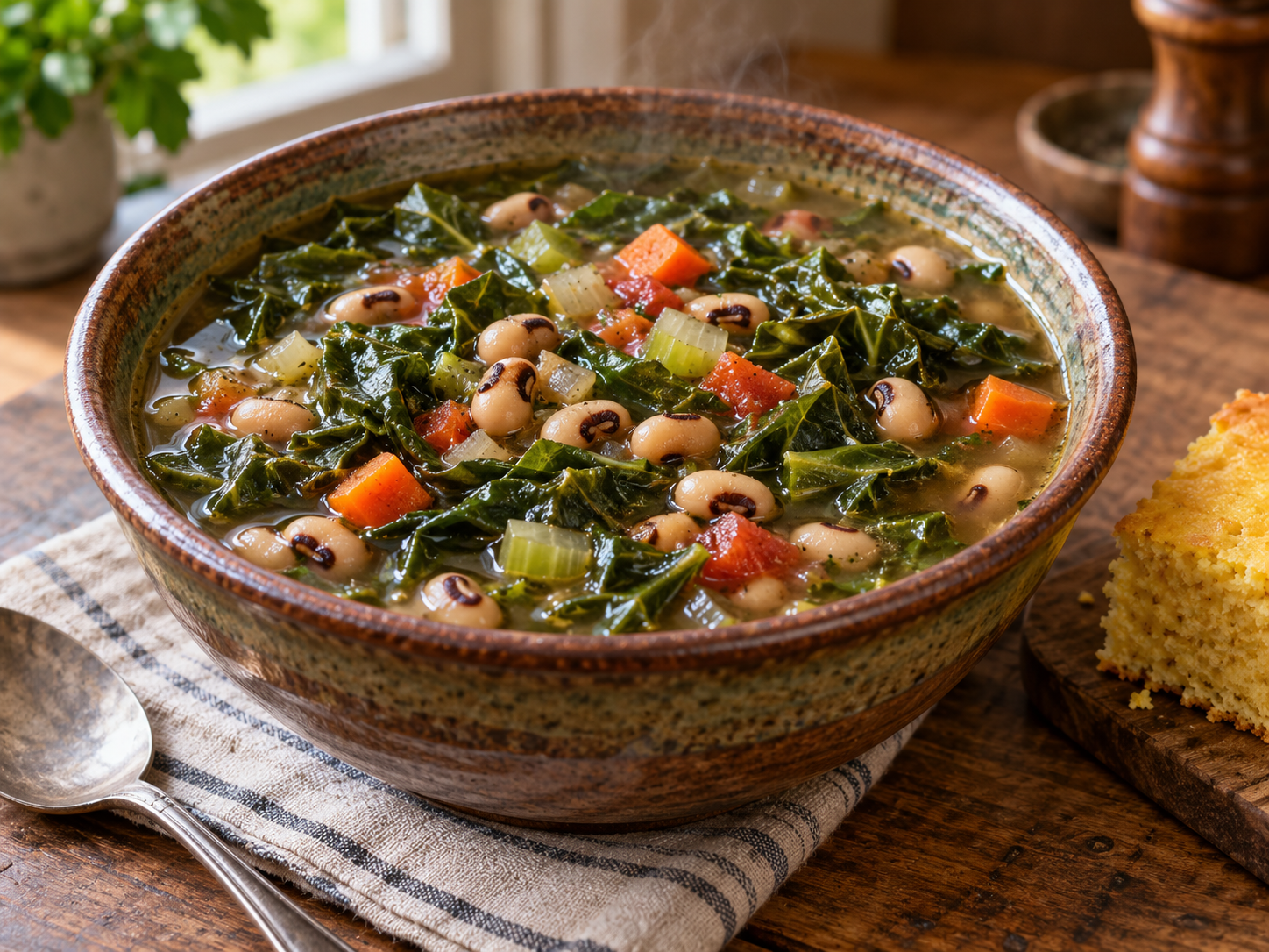 Southern collard green soup with black-eyed peas, tomatoes, carrots and celery