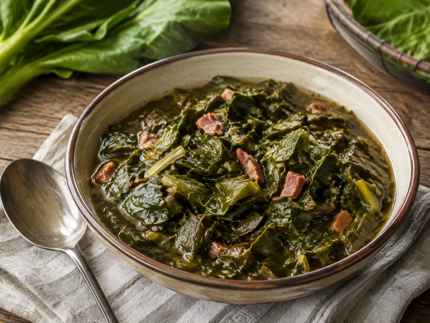 Bowl of slow-cooked Southern-style collard greens