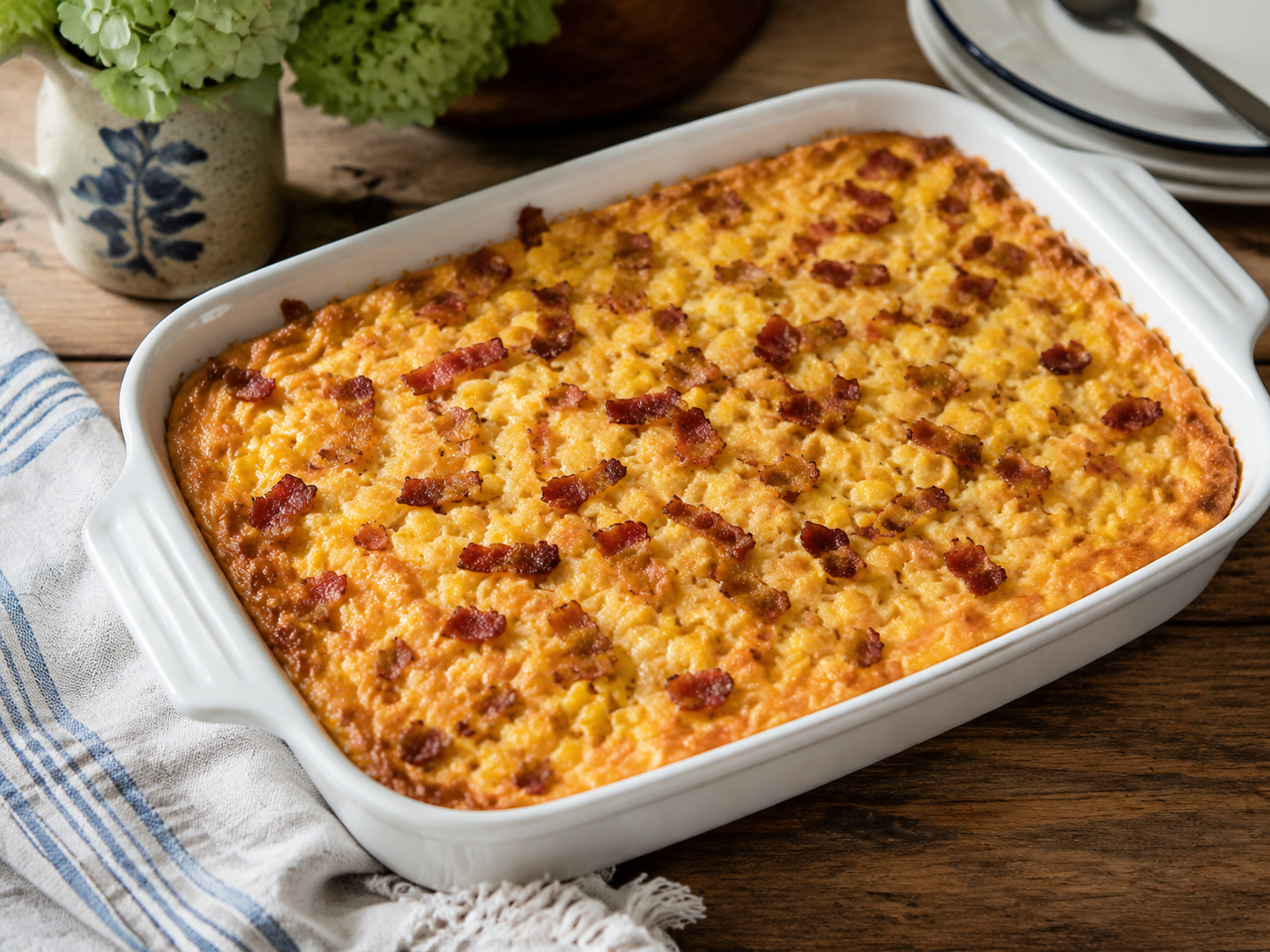 Creamy corn casserole topped with bacon, cheddar and green onions