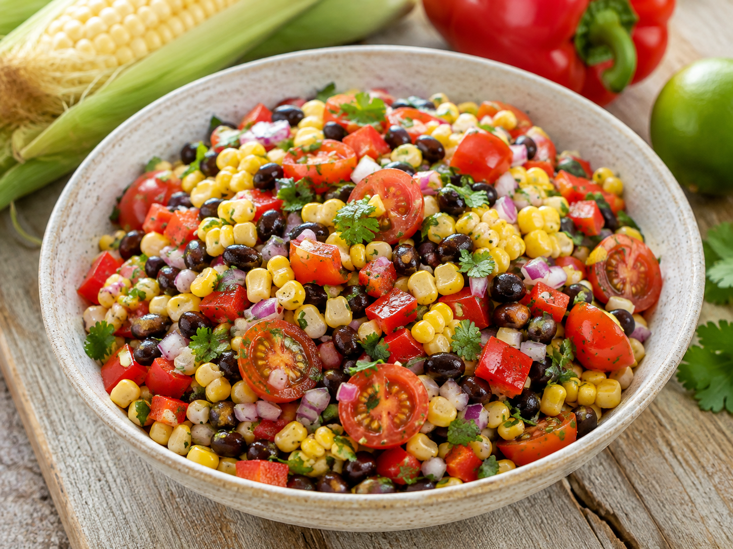 Fresh sweet corn and black bean salad with tomatoes, red pepper, onion and cilantro
