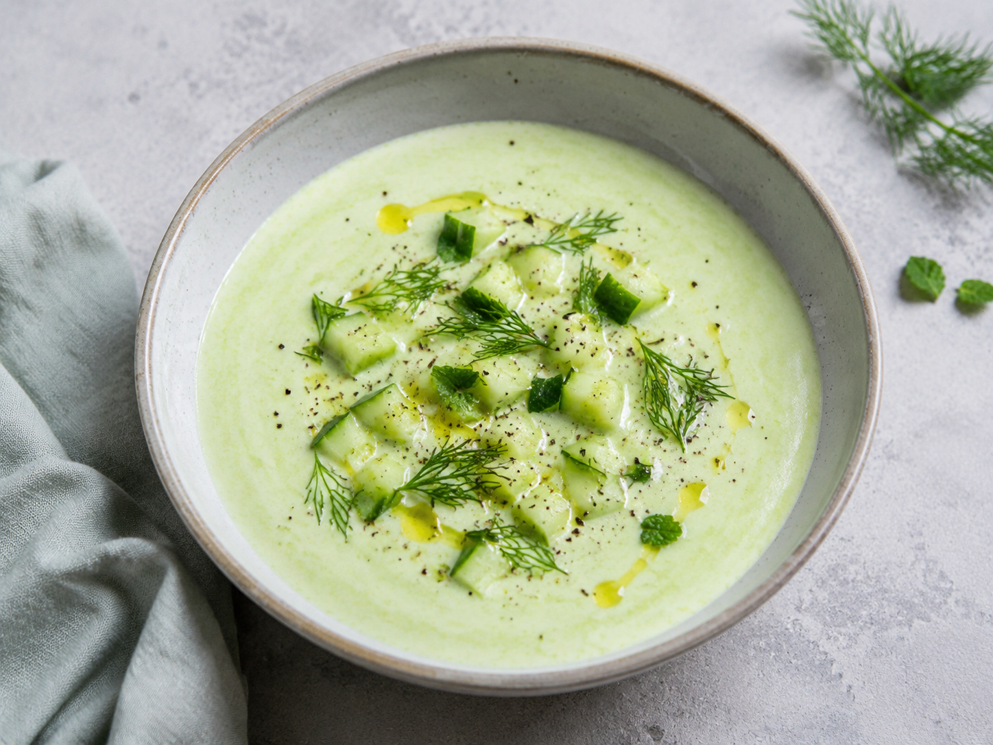 Chilled pale green cucumber yogurt soup topped with diced cucumber, dill, mint and olive oil