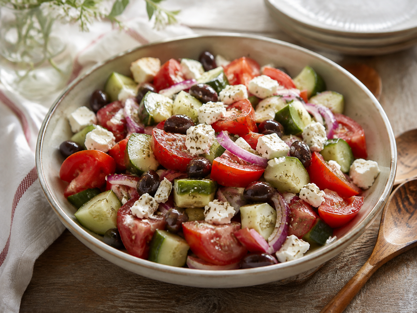 Greek cucumber salad with tomatoes, olives and feta
