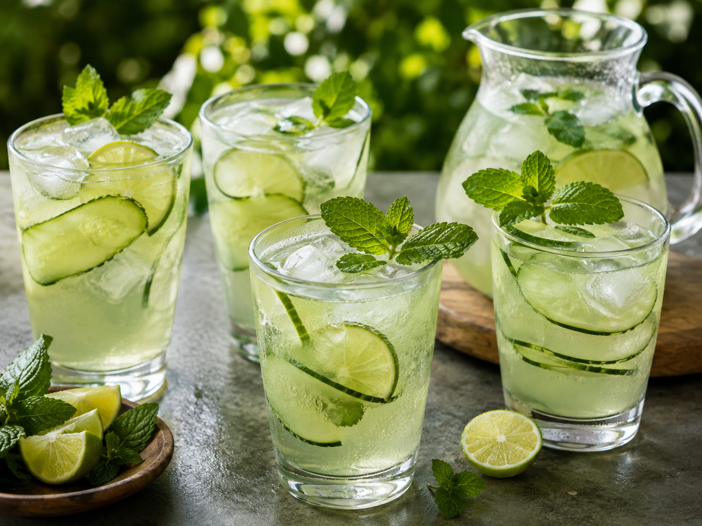 Four glasses of pale green cucumber mint lime cooler with ice, cucumber ribbons and lime wedges