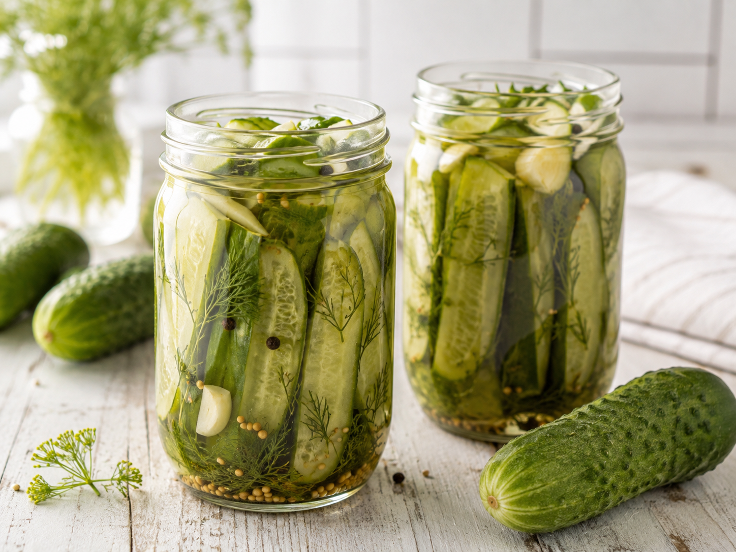 Open jars of crisp refrigerator dill pickle spears with garlic, fresh dill and mustard seeds