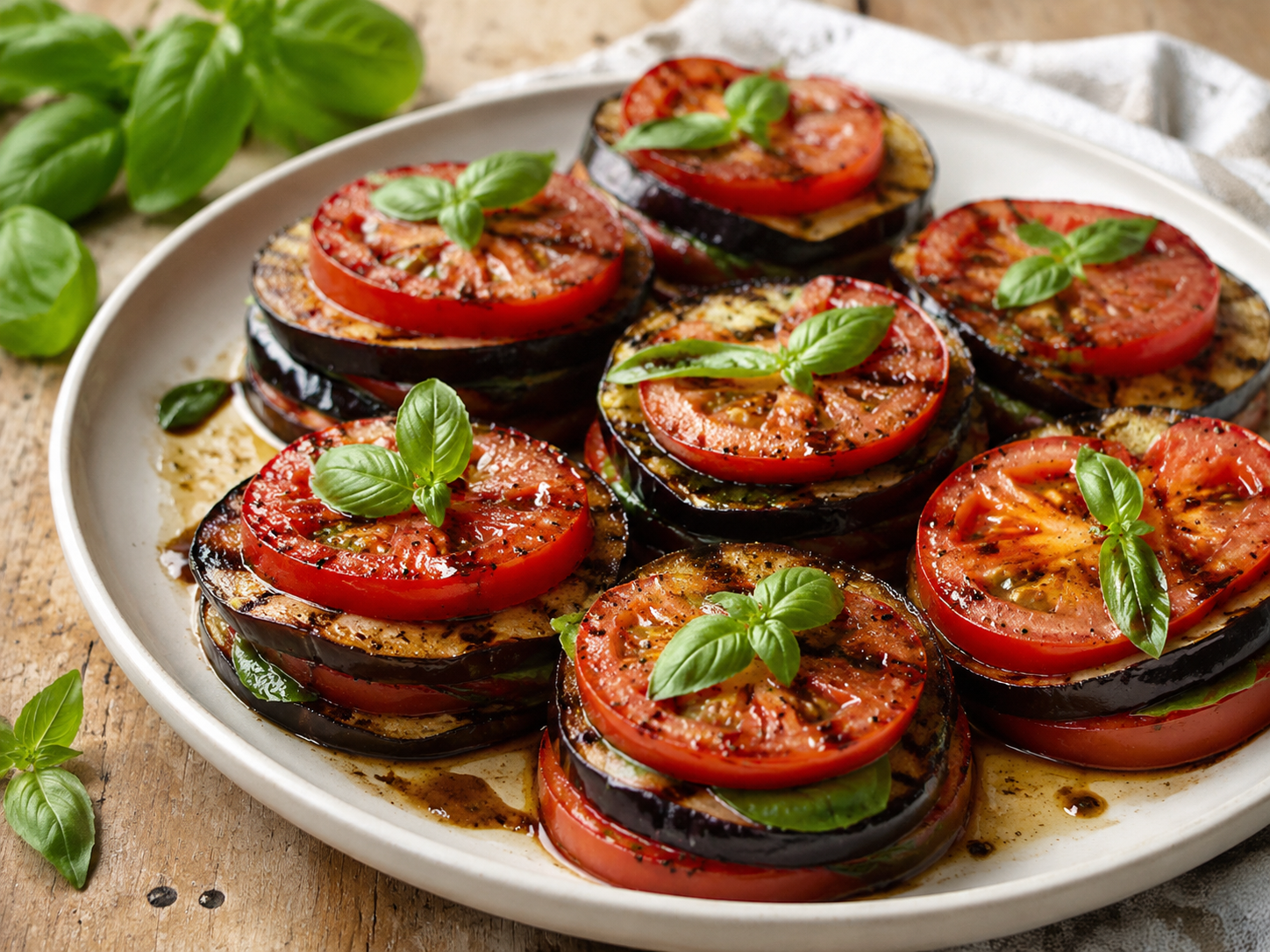 Grilled eggplant and tomato stacks on a serving platter