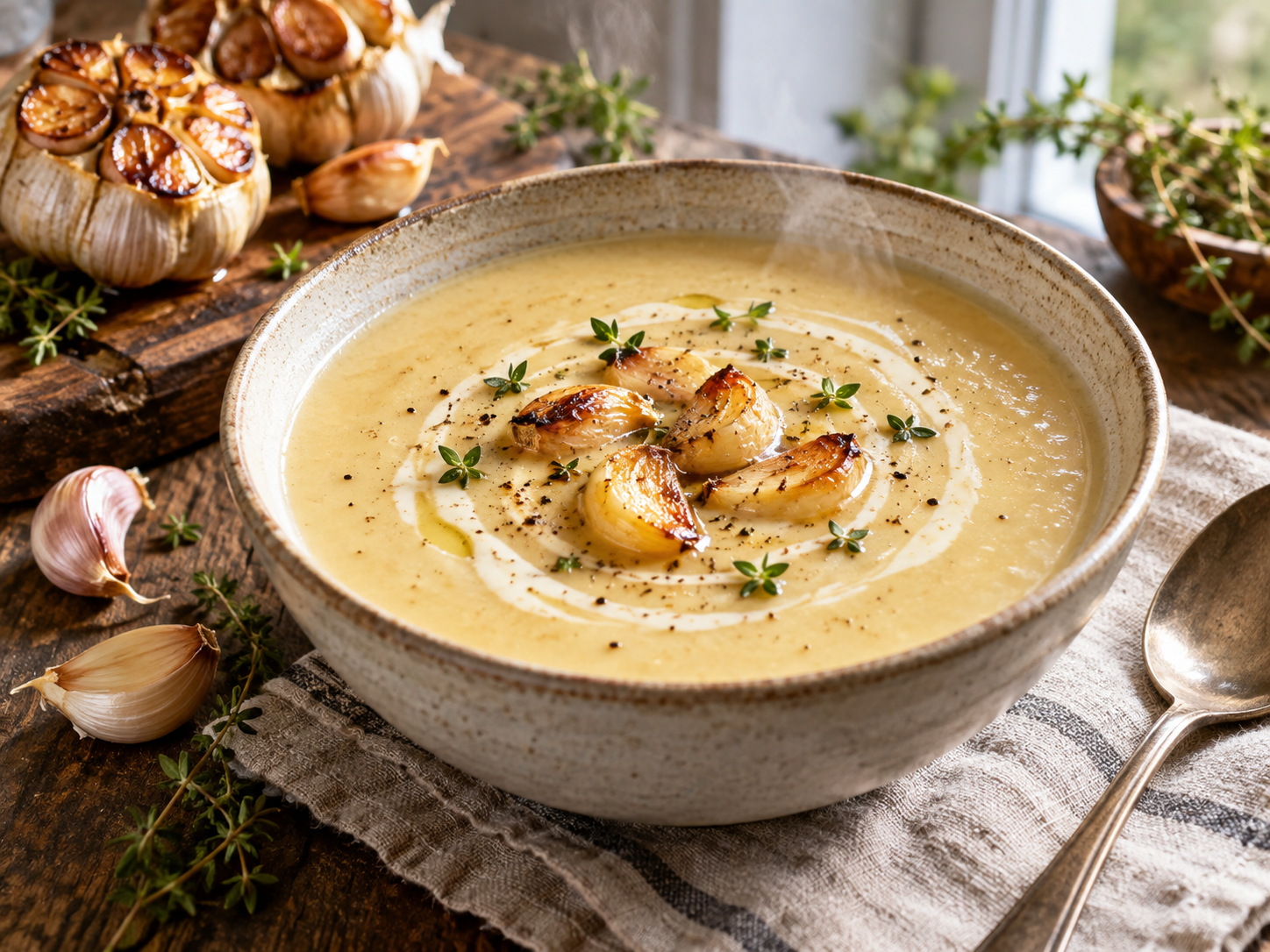 Creamy roasted garlic soup with golden garlic cloves, herbs and a light cream swirl