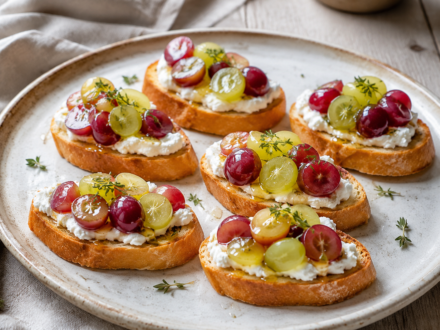 Grape and Goat Cheese Crostini prepared with garden-fresh grapes