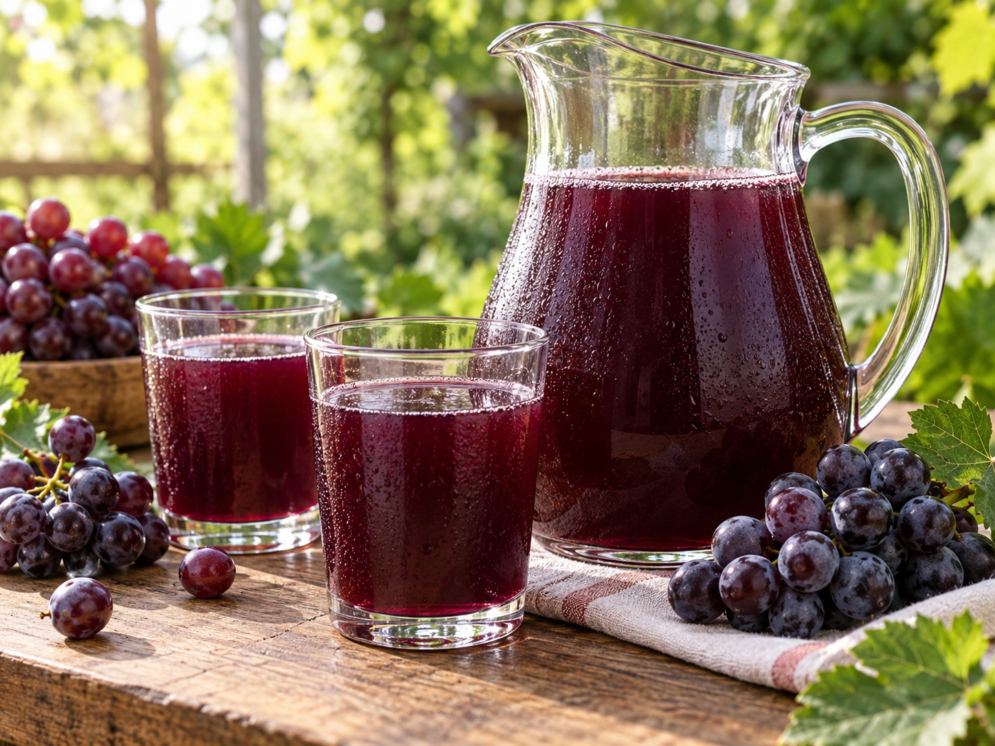 Deep purple homemade grape juice in a clear pitcher and glasses beside fresh bunch grapes