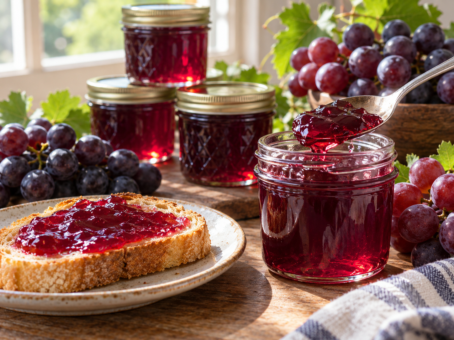 Clear jewel-toned grape jelly in small glass jars beside clusters of standard purple grapes