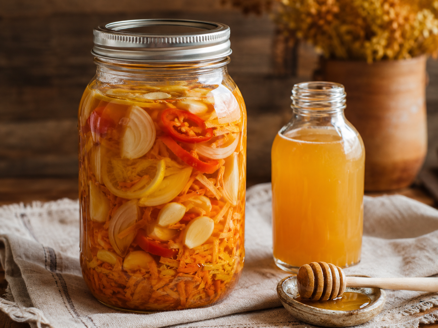 Fire Cider prepared with garden-fresh herbs & roots