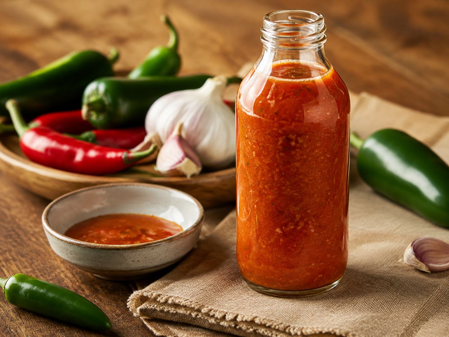 Homemade Hot Sauce prepared with garden-fresh hot peppers