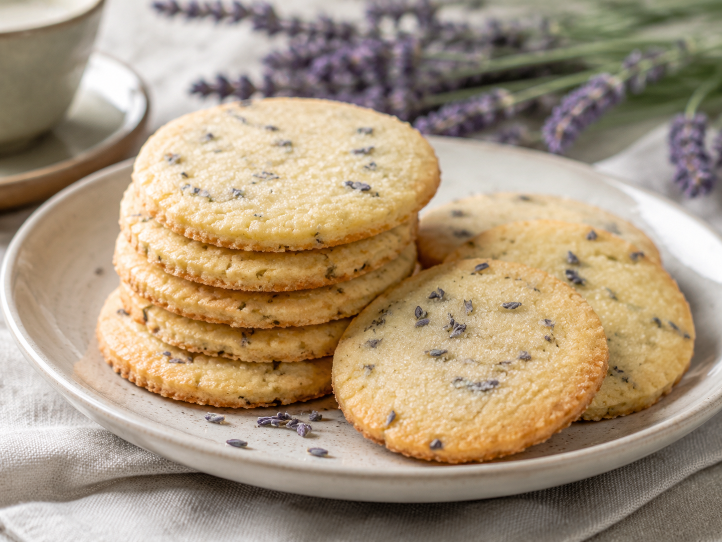 Lavender shortbread cookies on a rustic serving plate