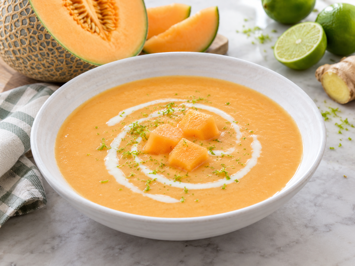 Chilled cantaloupe soup with yogurt swirl, lime and fresh melon cubes