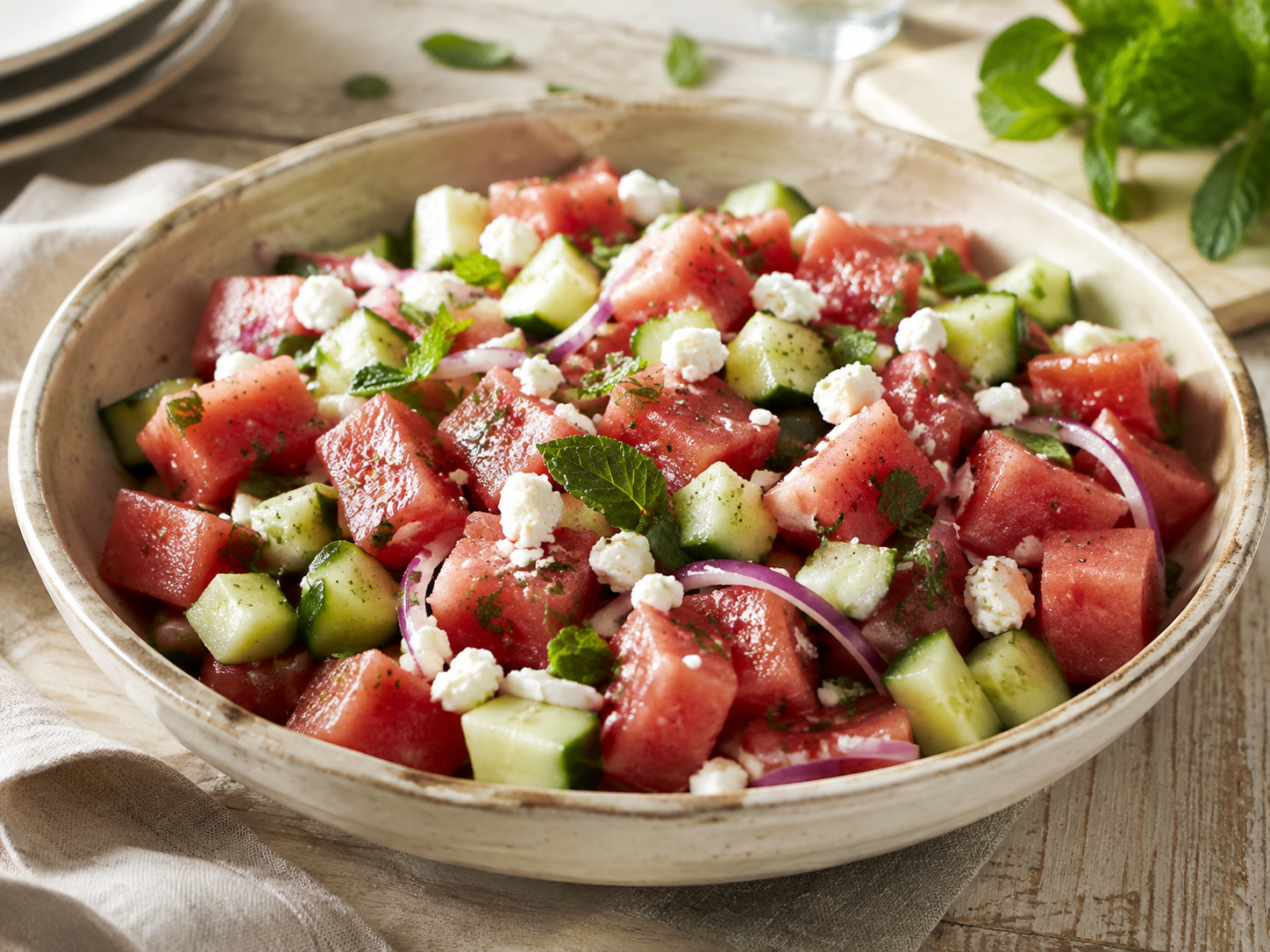 Minty Watermelon Salad prepared with garden-fresh mint
